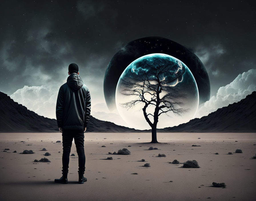 Person standing in barren night landscape with large tree and two planets in sky