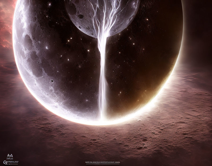 Surreal artwork: Tree-like structure linking moon crater to barren landscape in nebula sky