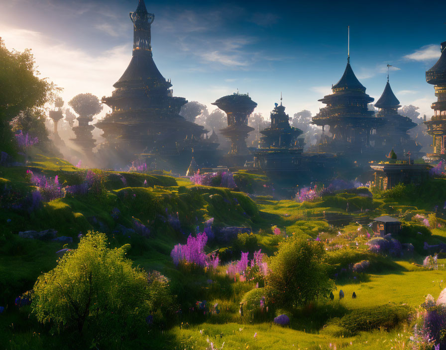 Majestic towers in serene fantasy landscape at sunrise