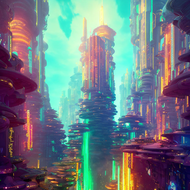 Futuristic cityscape with towering skyscrapers and glowing lights