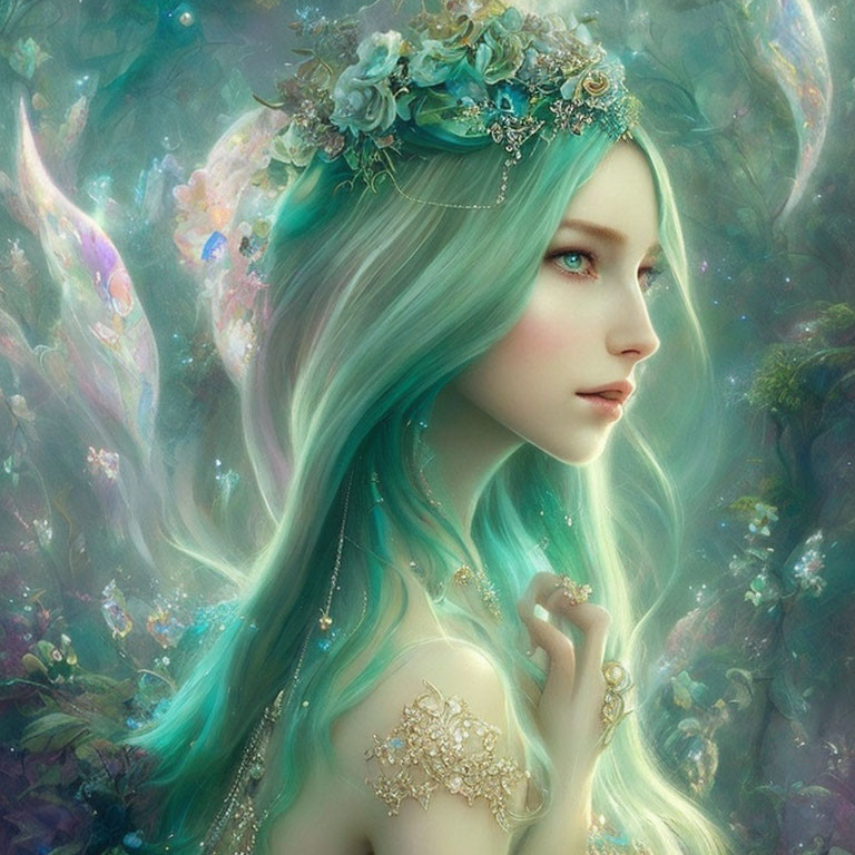 Mint-Green Haired Woman in Enchanted Forest Scene