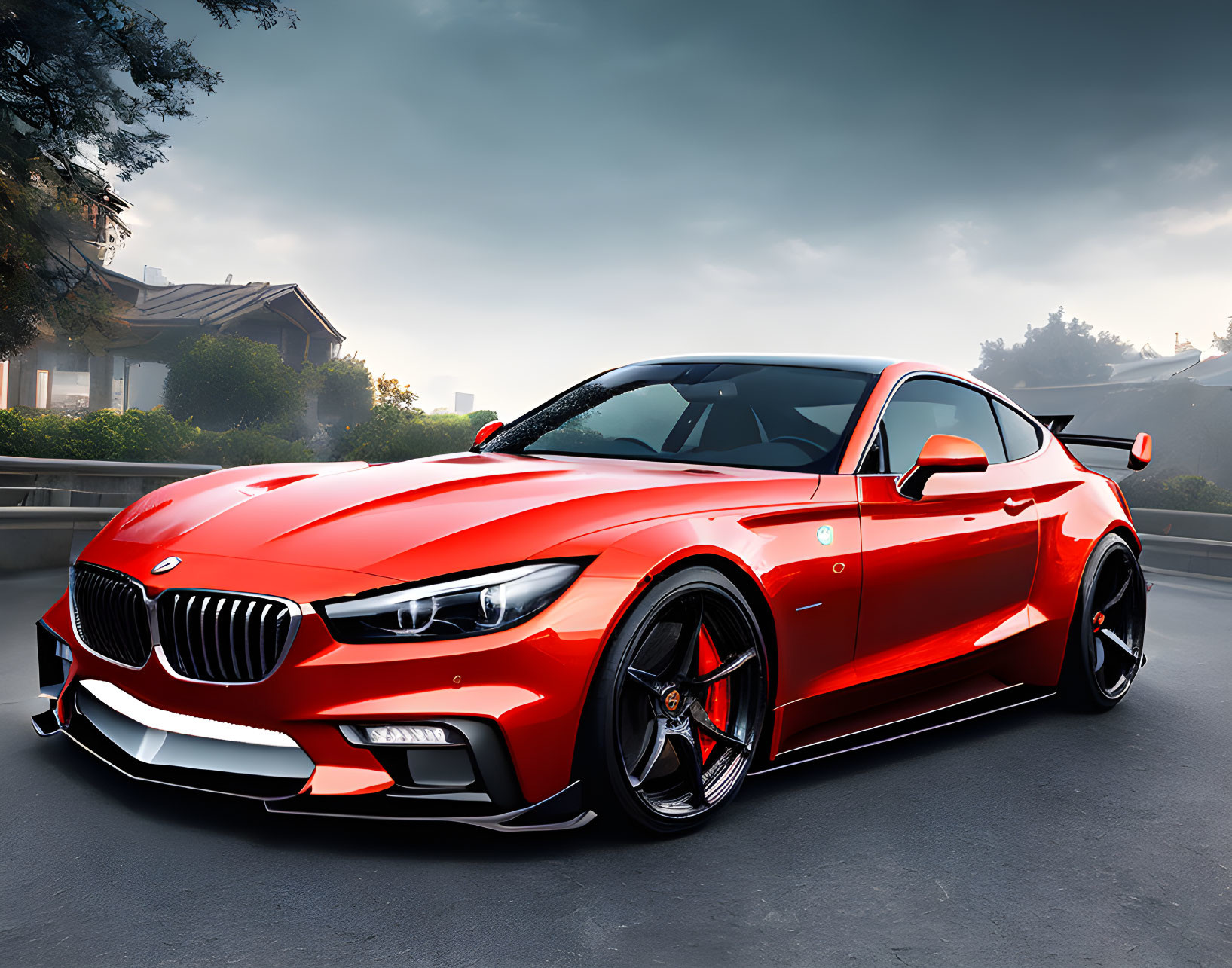 Aggressive red sports car with distinctive kidney grille parked on road