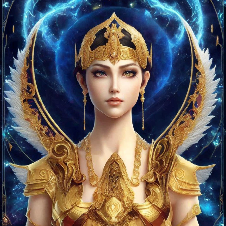 Female character in golden crown and armor with wing motifs on cosmic blue background