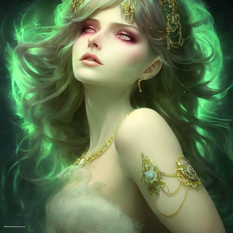 Blonde Woman with Gold Jewelry and Ethereal Green Glow