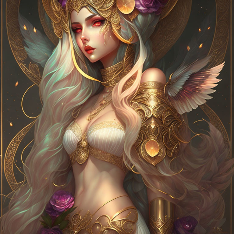 Fantasy illustration of woman in gold armor with roses & lights