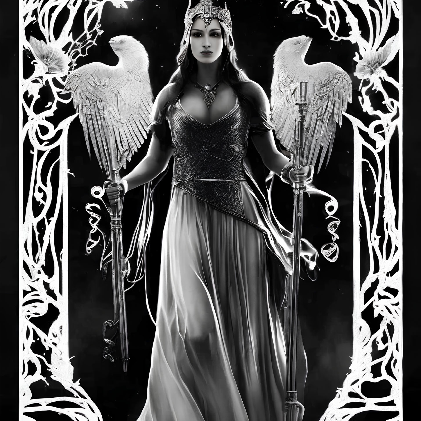 Monochrome fantasy image of woman with wings, gown, sword, staff, and floral patterns