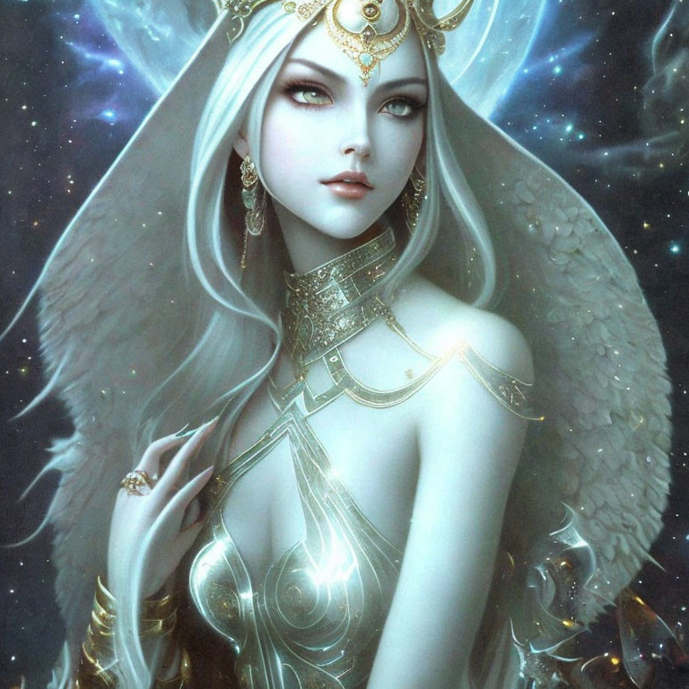 Ethereal fantasy figure with white hair and angelic wings in cosmic setting