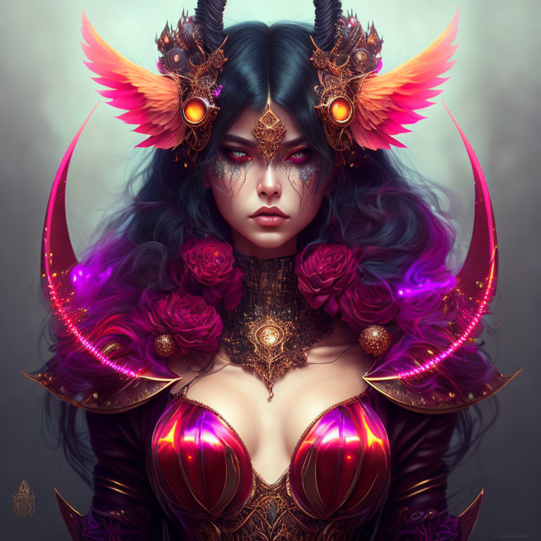 Fantasy artwork of woman in dark & gold armor with red eyes, purple hair, feathered &