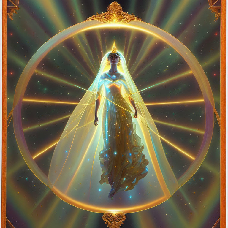 Ethereal bride-like figure in glowing oval frame with celestial golden adornments