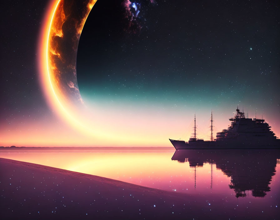 Ship anchored near tranquil shore under vast starry sky with giant crescent planet.