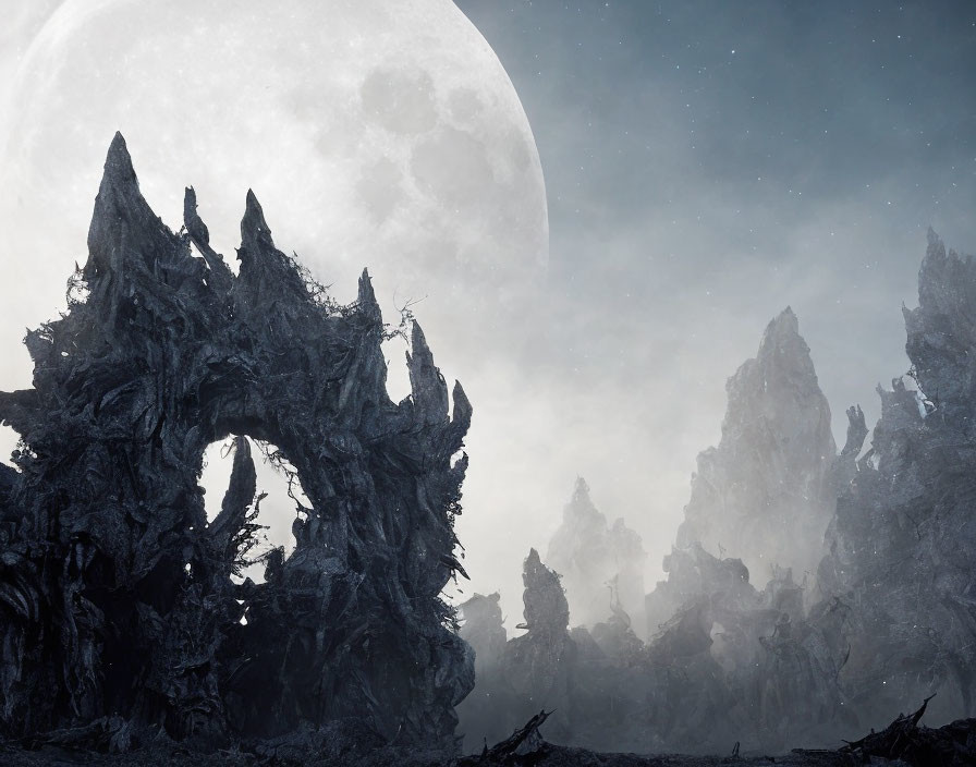 Misty lunar fantasy landscape with jagged rock formations under large moon