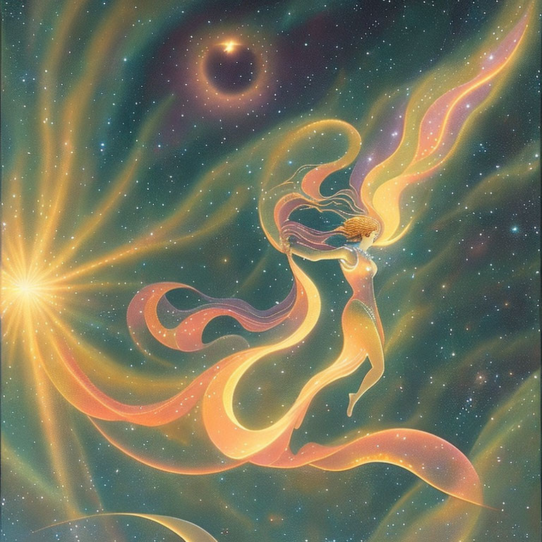 Golden-Haired Figure Dancing Among Cosmic Lights