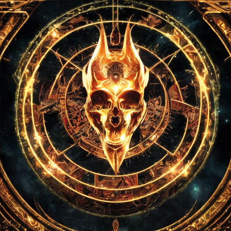 Golden Skull with Celestial Clockwork on Cosmic Background