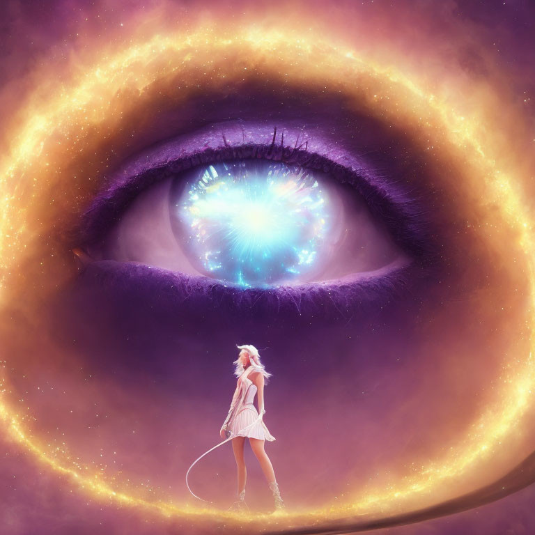 Surreal cosmic scene: giant eye in nebula, woman with staff