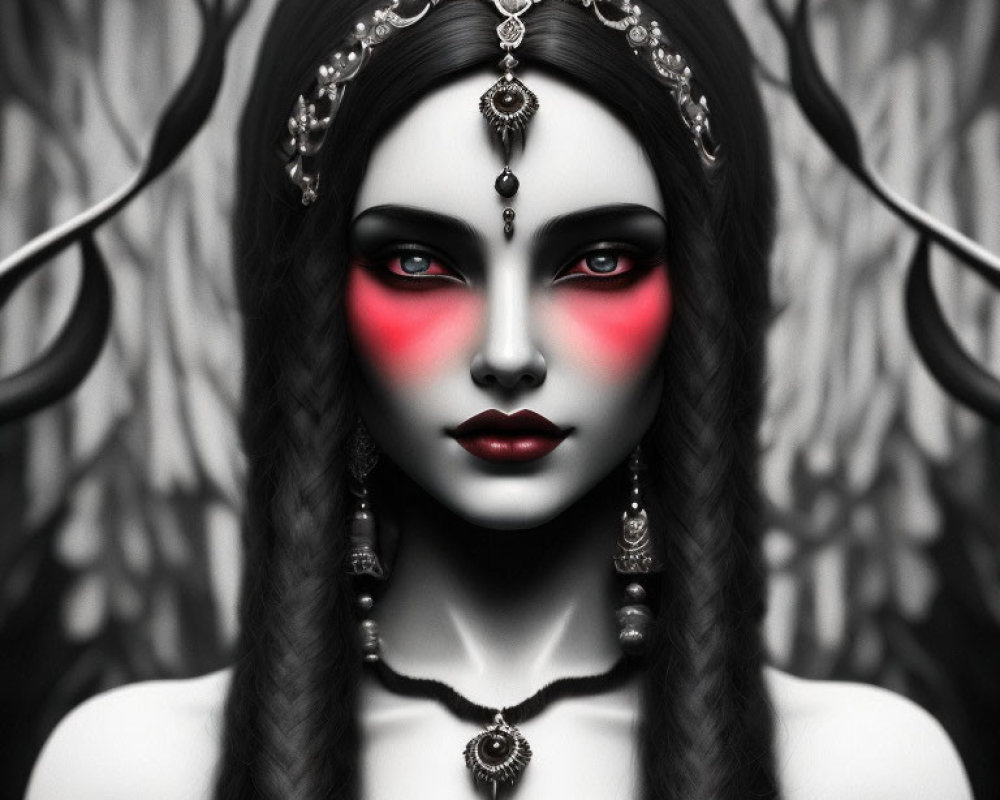 Monochromatic image of woman with striking red makeup, long dark hair, and ornate jewelry