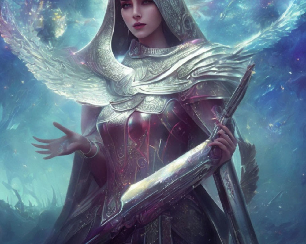 Female warrior in fantasy armor with sword in cosmic setting