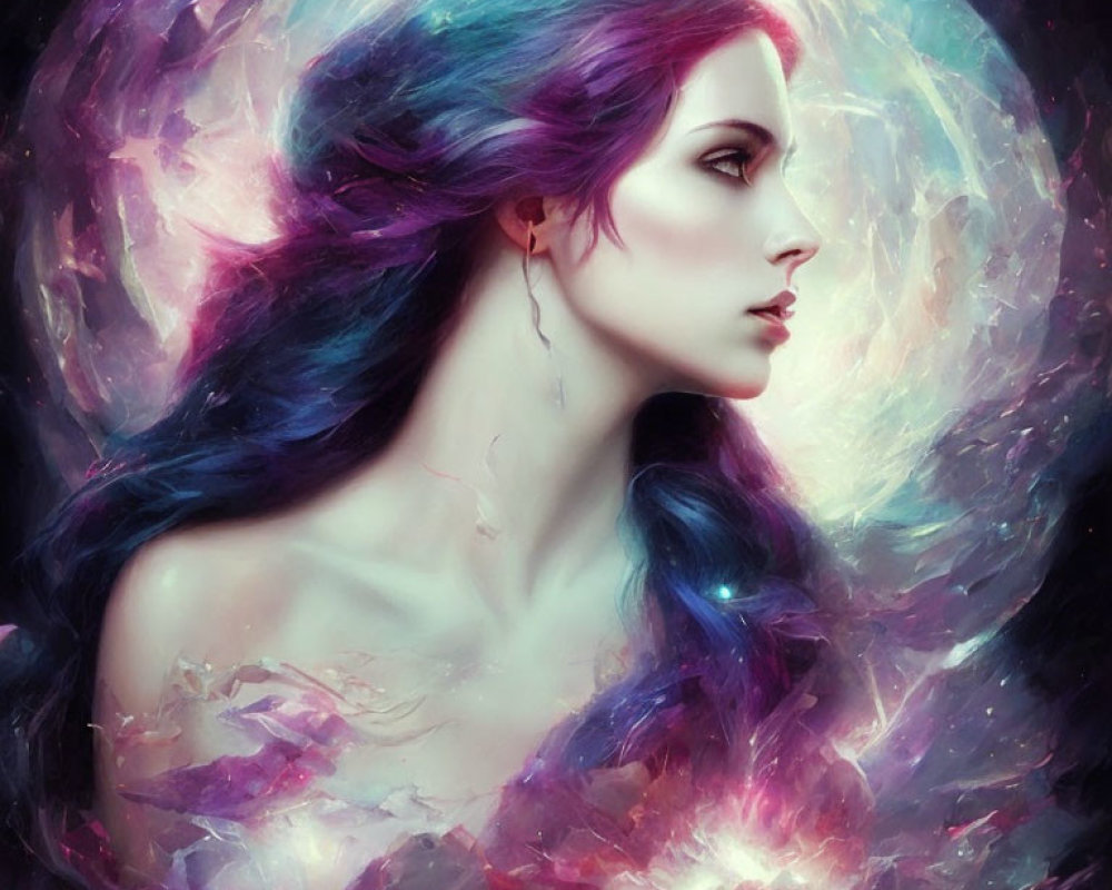 Colorful flowing hair woman portrait in cosmic background.