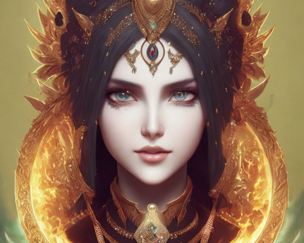 Digital Artwork: Woman with Blue Eyes, Golden Headdress, and Fiery Aura