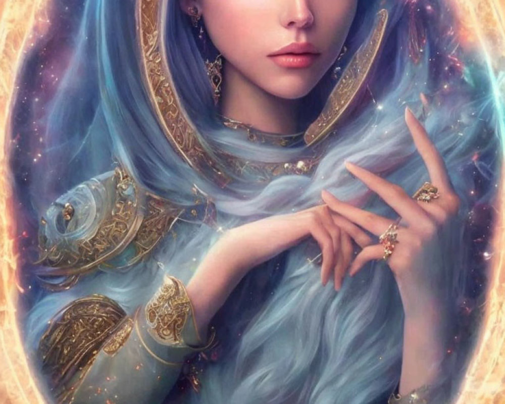 Blue-haired woman with golden aura and jewelry in fantasy portrait