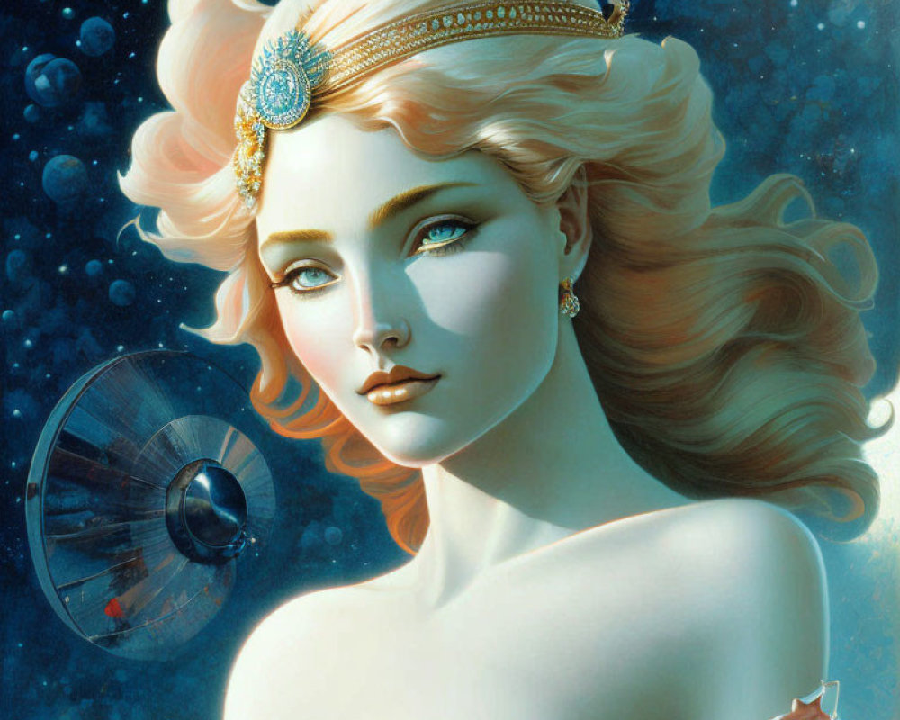 Ethereal woman with flowing hair in space-themed digital painting