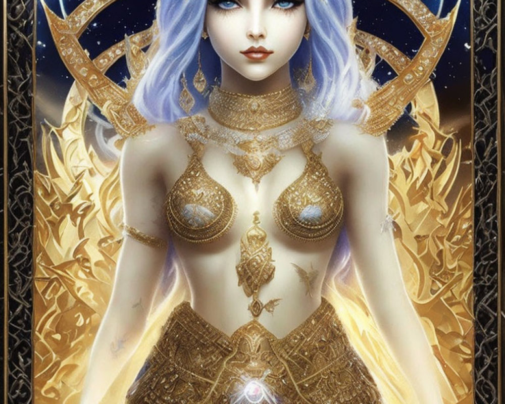 Fantastical female figure with blue hair and golden armor under crescent moon headpiece