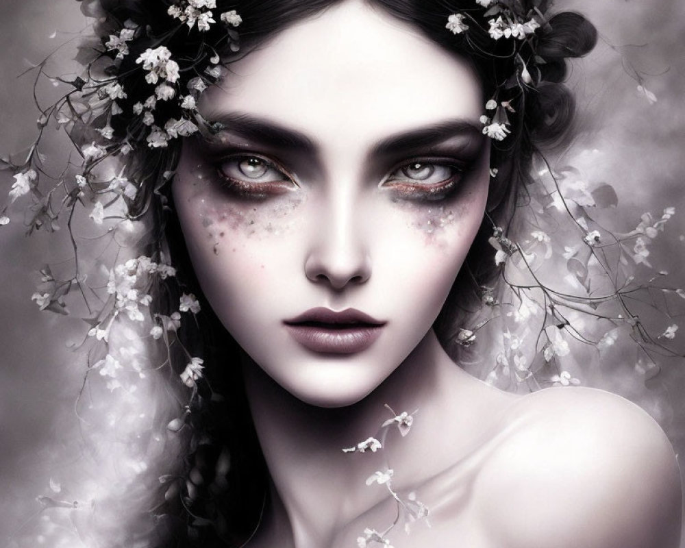 Monochromatic artwork of woman with dark makeup and floral headpiece