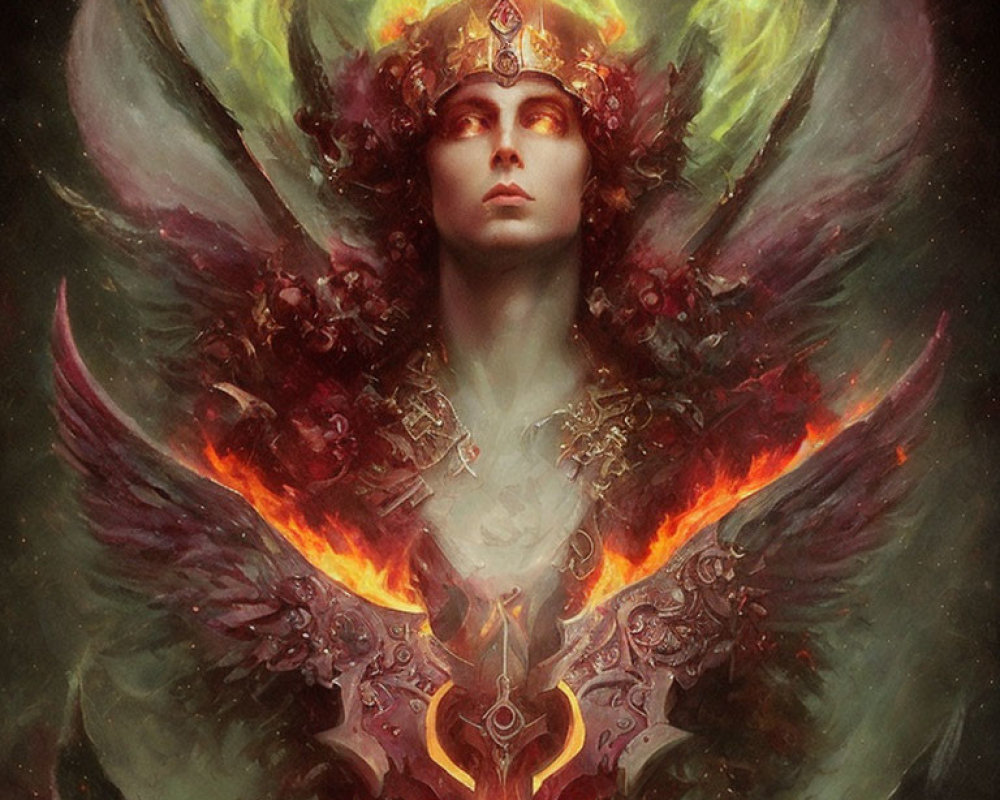 Figure with angelic wings engulfed in flames and regal headdress.