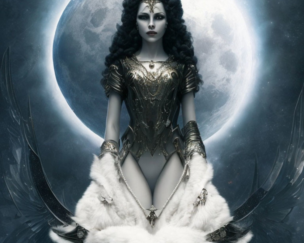 Regal queen in ornate crown with dark makeup against full moon backdrop