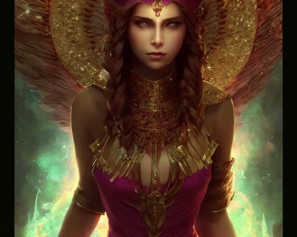 Regal female figure in golden headdress and purple attire against cosmic backdrop