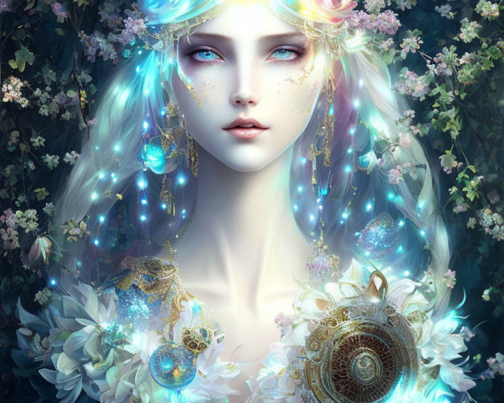 Multicolored pastel hair woman with blue eyes in ethereal setting.