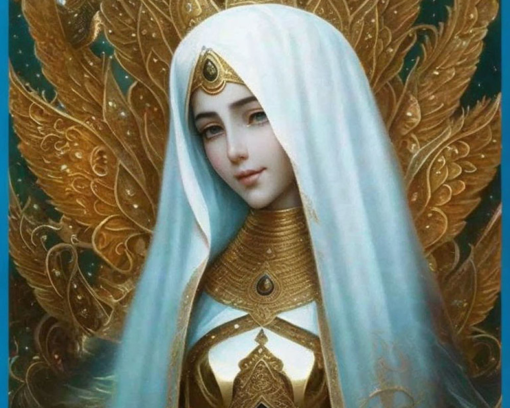 Serene woman with pale blue hair in elaborate golden armor against blue backdrop