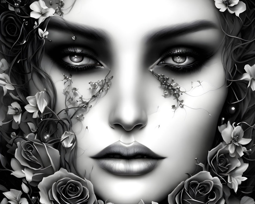 Woman's face in monochrome with detailed eyes and roses.