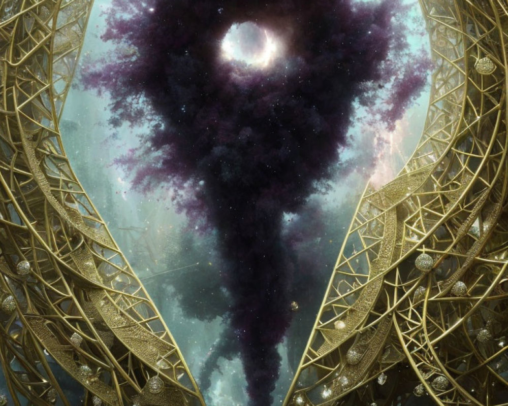 Intricate golden structures frame cosmic vortex in starry sky