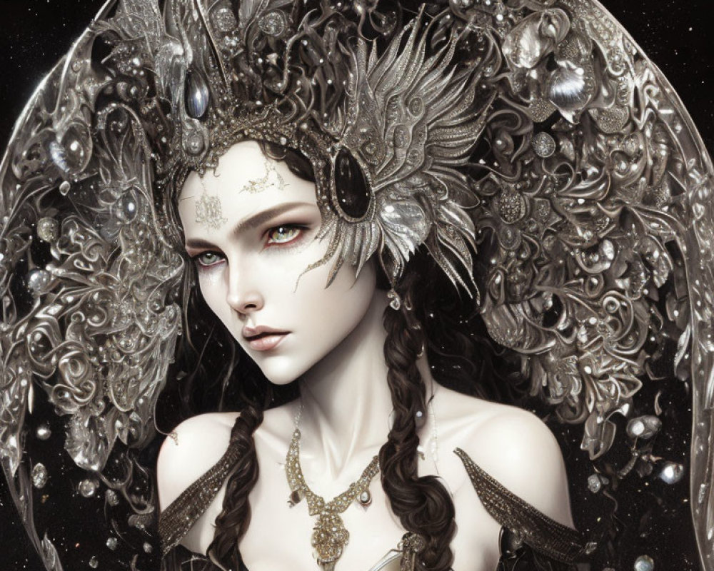 Silver headdress on pale woman with dark hair and regal adornments against starry backdrop