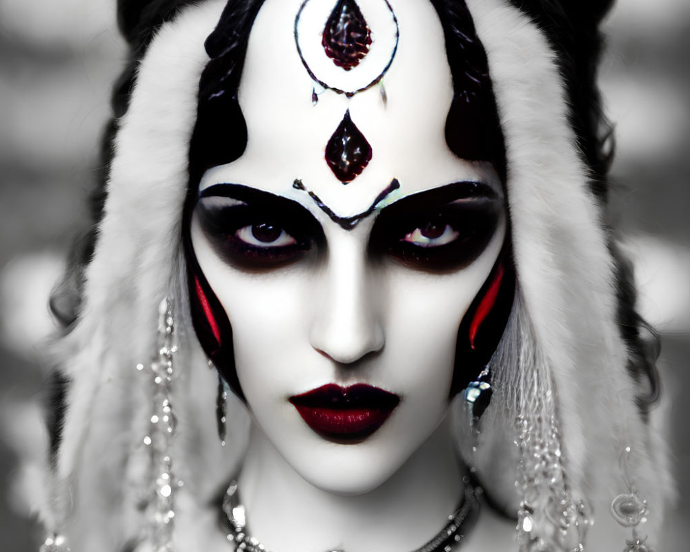 Intricate Black and White Face Makeup with Red Accents and Headpiece