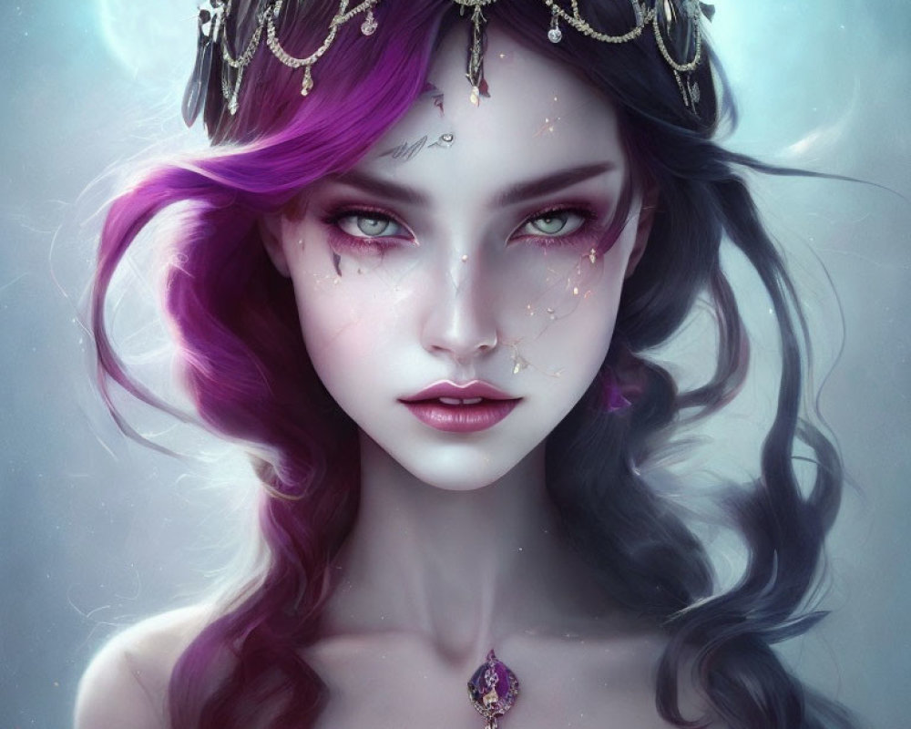 Fantasy portrait of woman with purple hair, crown, jeweled pendant, ethereal makeup.