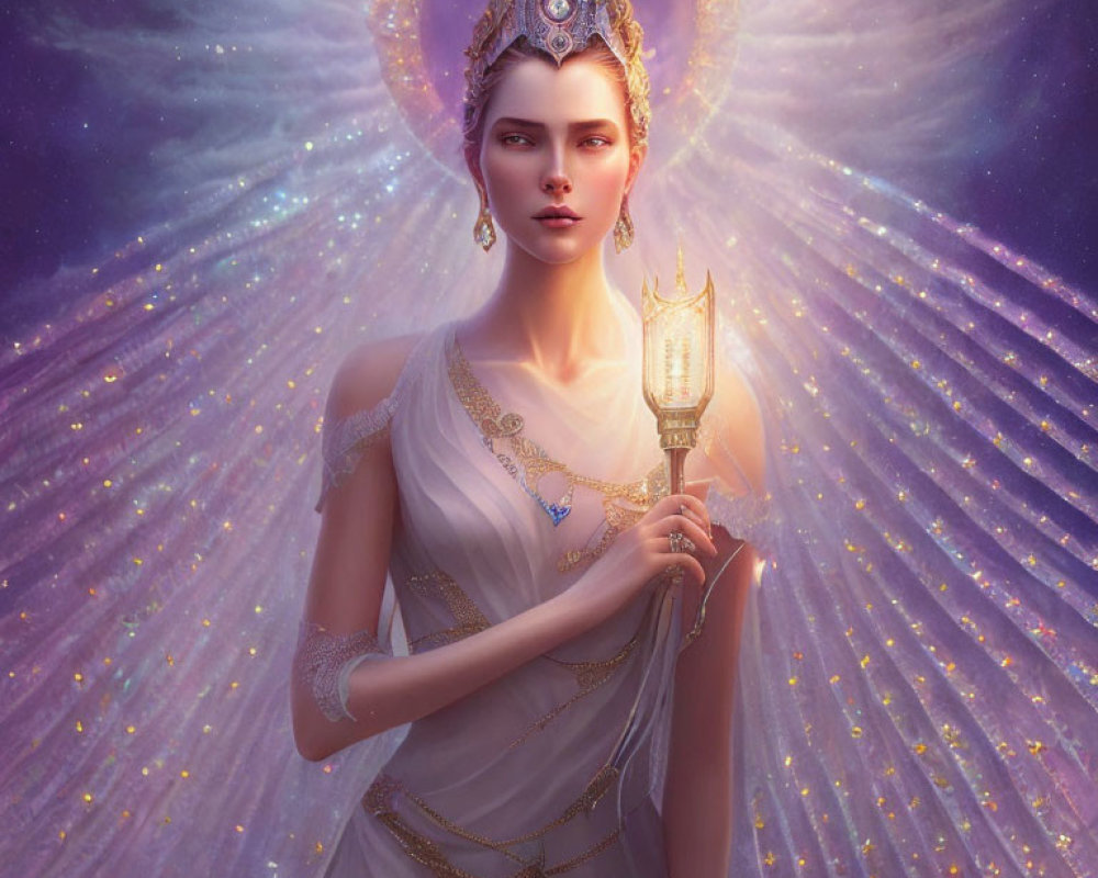 Regal woman in ornate headdress and jeweled cape with glowing lantern.