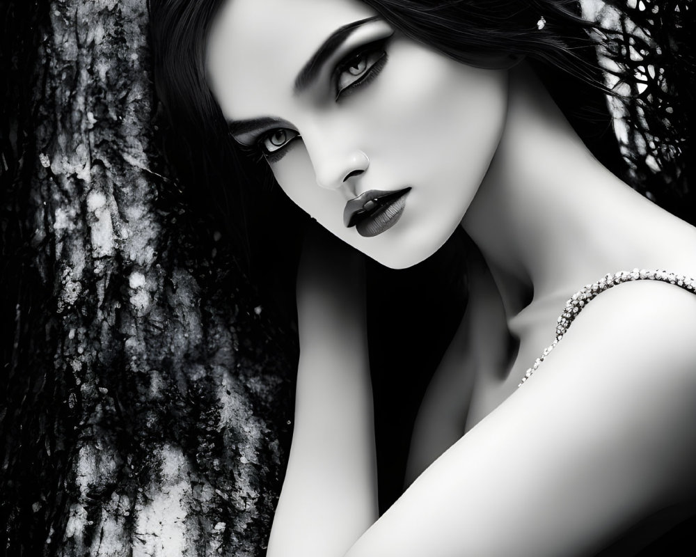 Monochromatic portrait of a woman with striking eyes and dark lipstick leaning against a tree