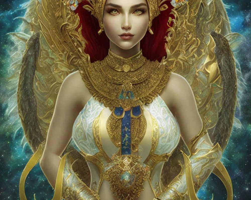 Regal Female Figure in Golden Armor and Winged Headdress