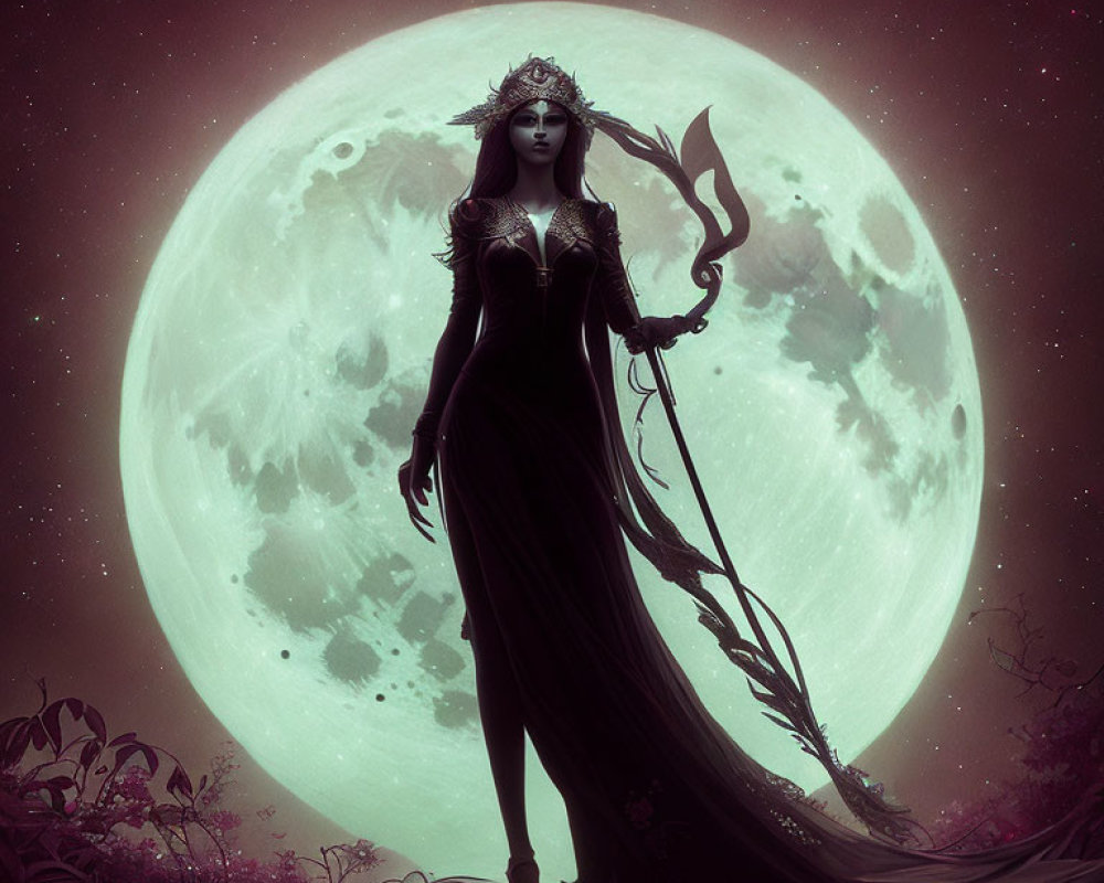 Mystical woman in dark gown with staff under giant moon