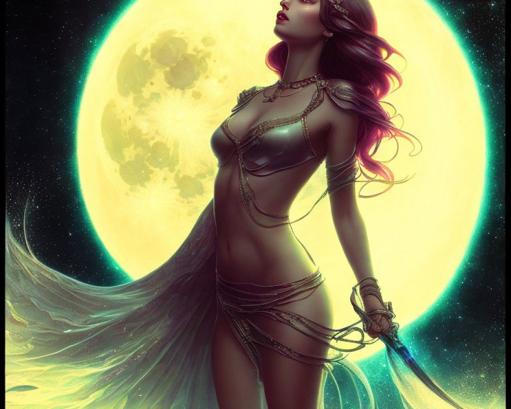 Fantasy illustration of woman with flowing hair and ethereal attire under glowing moon