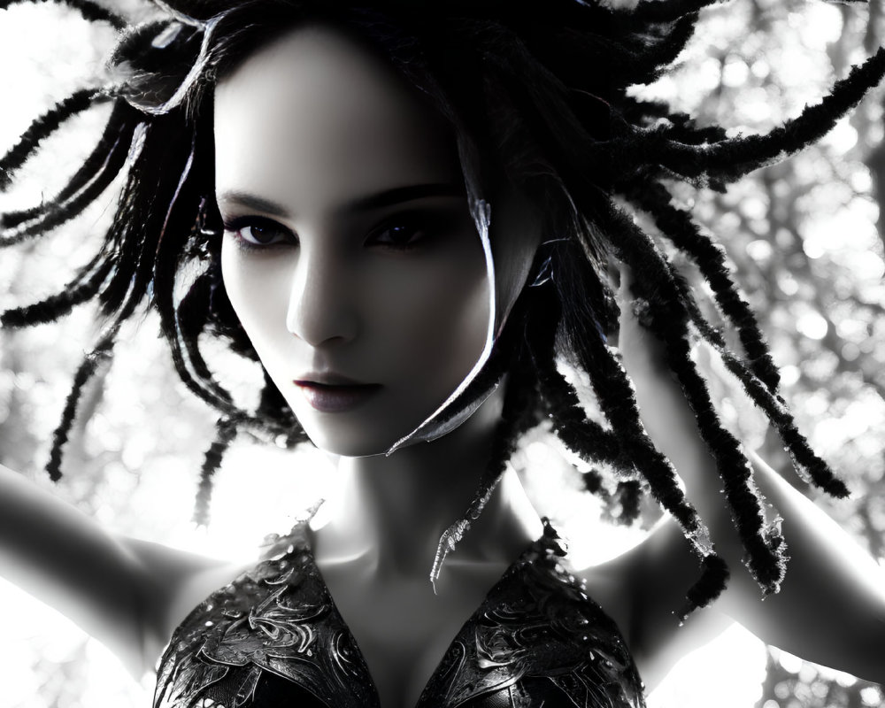 Monochromatic portrait with dark makeup, dreadlocks, and ornate armor top