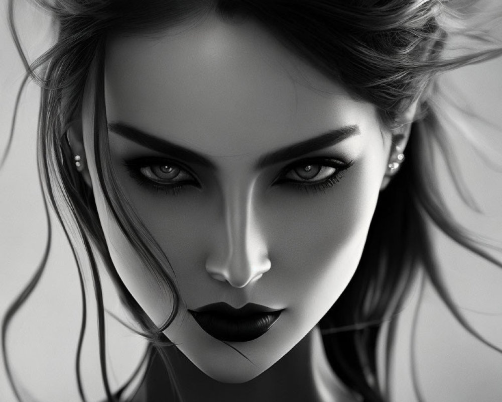 Monochrome portrait of a woman with striking eyes and bold dark lipstick