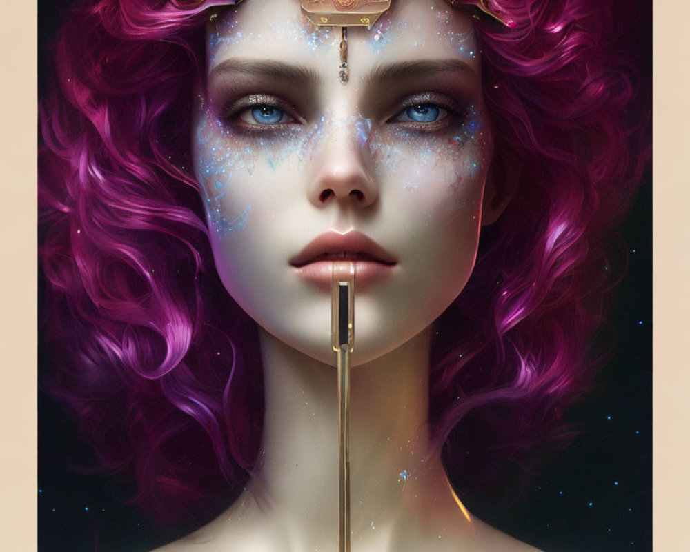 Fantastical female character portrait with purple hair, blue starry makeup, golden crown, and sword