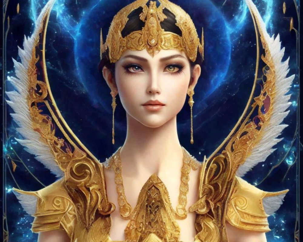 Female character in golden crown and armor with wing motifs on cosmic blue background