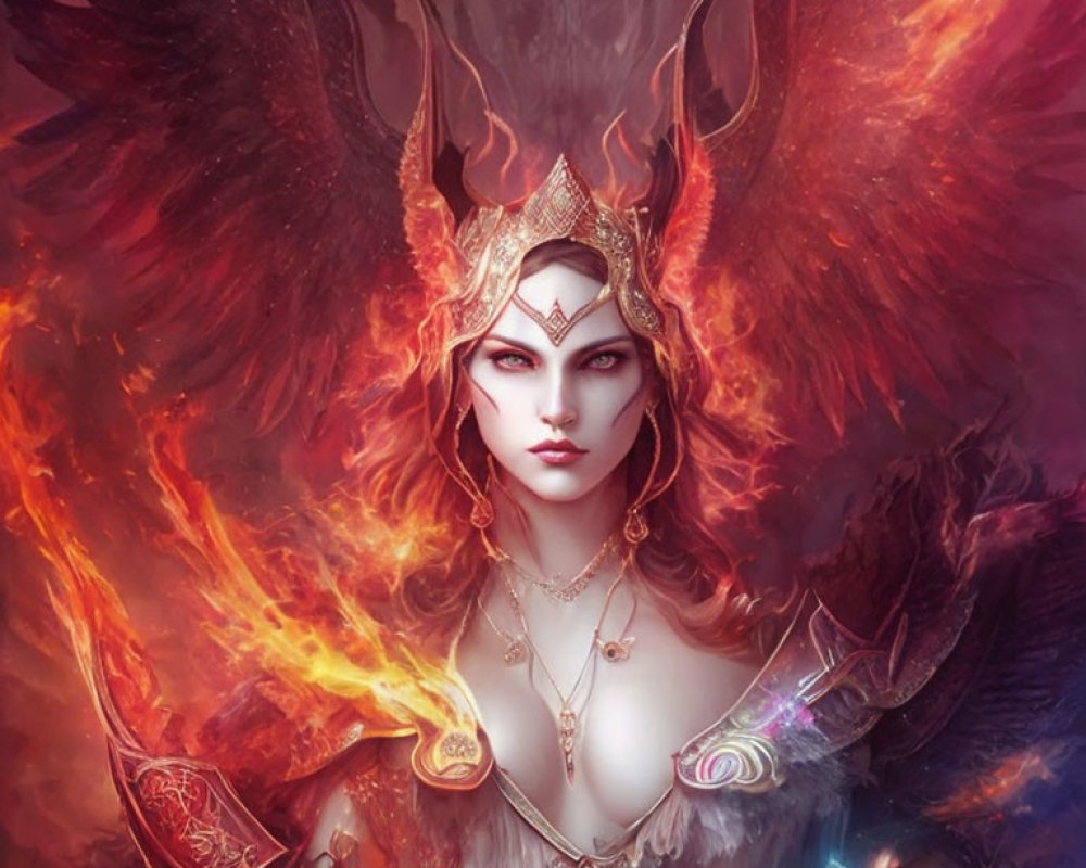 Armored fantasy woman with fiery wings in dark mystical setting