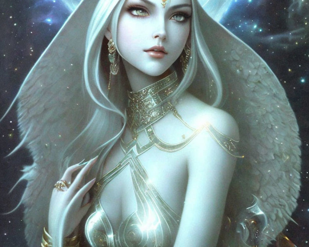 Ethereal fantasy figure with white hair and angelic wings in cosmic setting