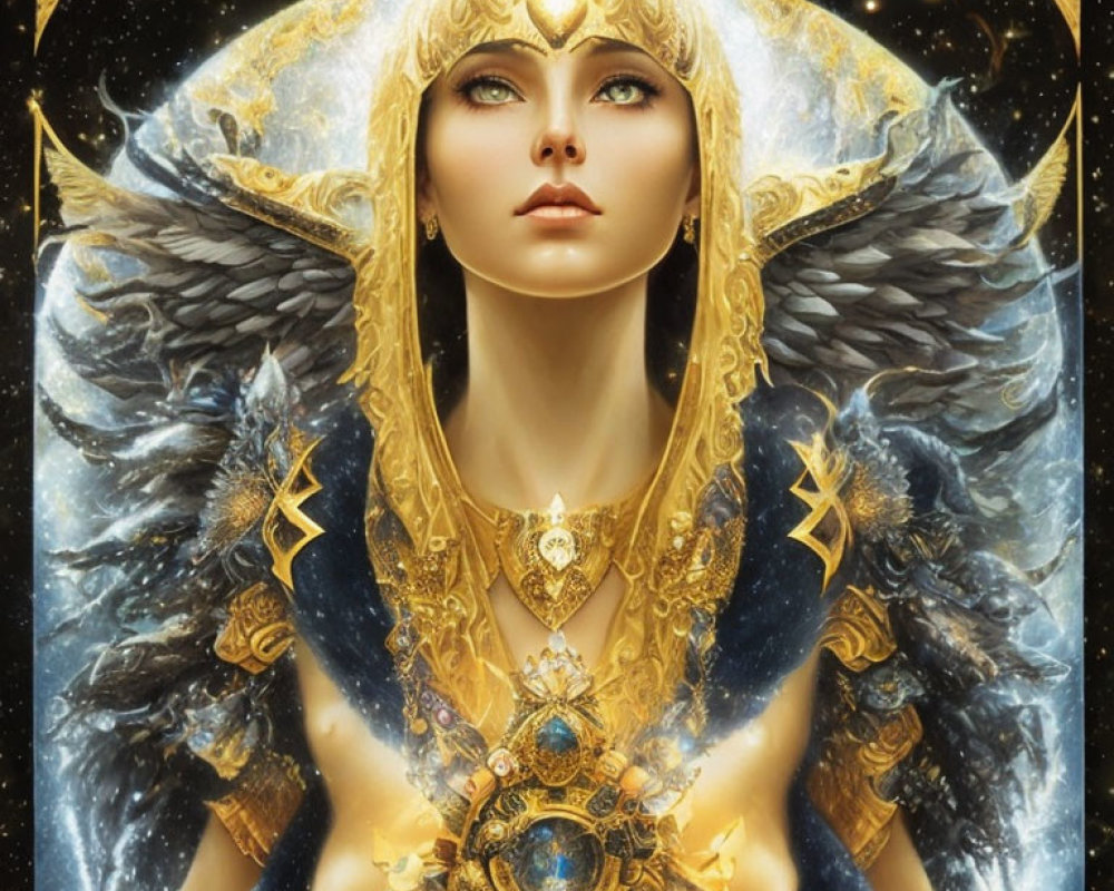 Golden celestial being with luminous wings in starry background