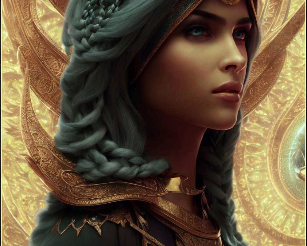 Digital artwork: Woman with braided hair in ornate golden armor on swirling background