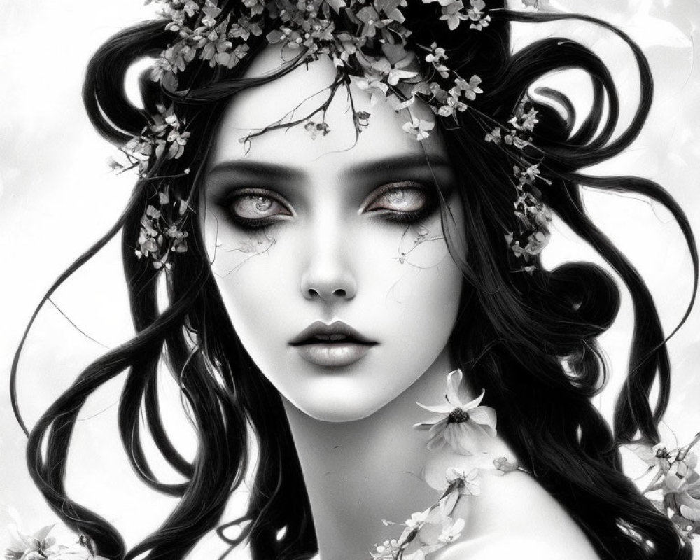 Monochrome portrait of a woman with dark hair, vibrant eyes, and a floral crown.